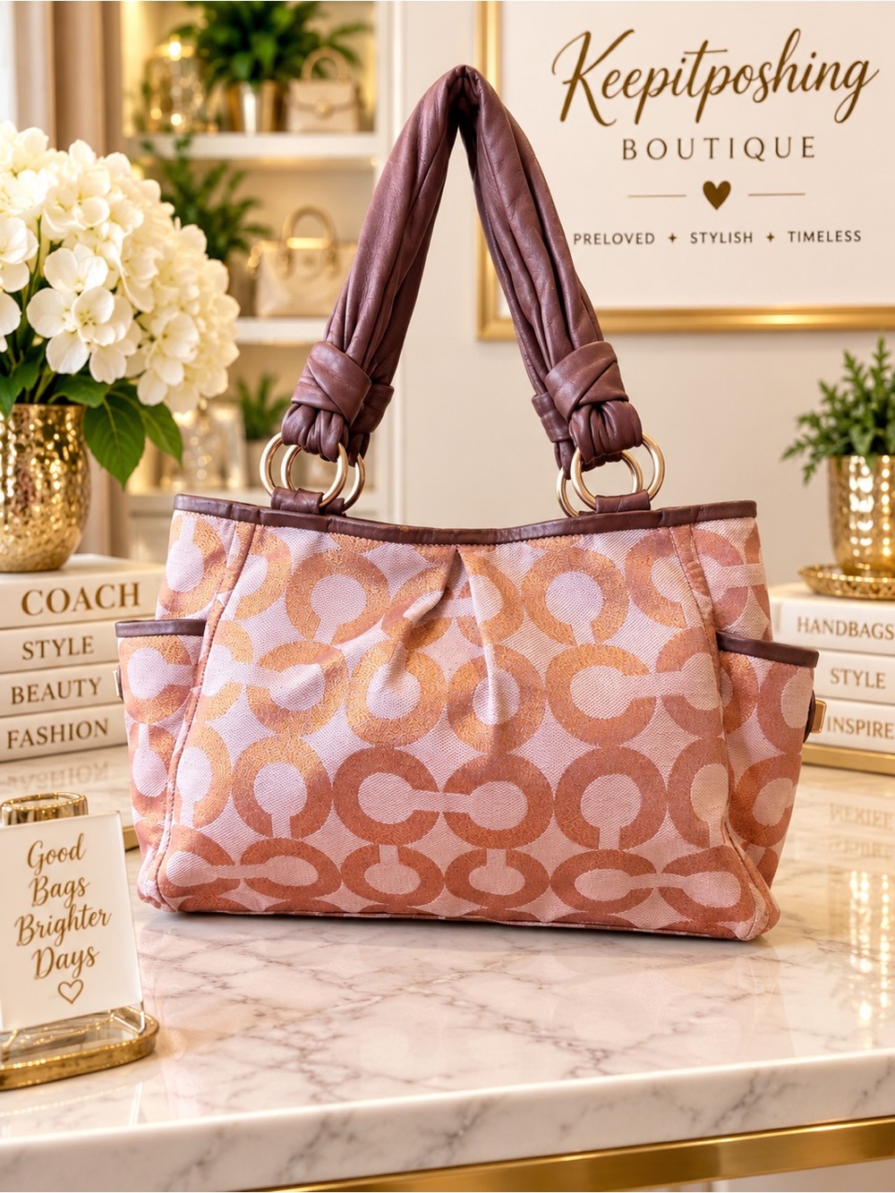Coach Pink & Brown Signature Canvas Shoulder Bag - Picture 2 of 7